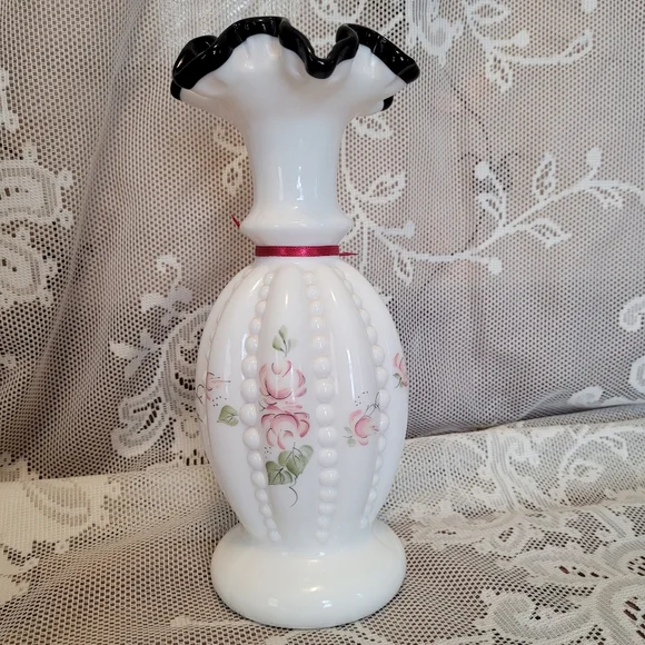Vintage Signed Fenton Vase Hand Painted Beaded Milk Glass - Picture 6 of 12